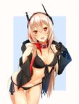  :d bikini black_bikini blush collar commentary cowboy_shot cyborg girls_frontline hair_between_eyes headgear heart heart-shaped_pupils highres jacket long_hair looking_at_viewer m4_sopmod_ii_(girls_frontline) mechanical_arm mechanical_ears multicolored_hair open_mouth pink_hair red_eyes red_hair side-tie_bikini smile streaked_hair swimsuit symbol-shaped_pupils ukeuke 