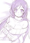  blush breasts cleavage closed_mouth collarbone eyebrows_visible_through_hair hair_ornament hair_scrunchie hand_on_own_chest hiraga_matsuri large_breasts long_hair looking_at_viewer love_live! love_live!_school_idol_project low_twintails lying monochrome off_shoulder on_back purple scrunchie sketch smile solo sweater toujou_nozomi twintails upper_body 