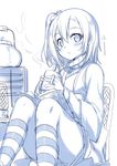  bangs blue blush book chair cup hair_between_eyes hiraga_matsuri holding holding_cup kneehighs knees_up kousaka_honoka looking_at_viewer love_live! love_live!_school_idol_project monochrome mug one_side_up open_book pursed_lips simple_background sitting sketch solo steam striped striped_legwear teapot 