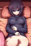  blue_eyes bottomless breasts commentary_request convenient_leg highres hips looking_at_viewer lying medium_breasts minami-ke minami_touma on_back pillow purple_hair short_hair solo thighs tokyo_(great_akuta) turtleneck wide_hips 