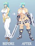  1girl abs blue_eyes blue_hair breasts cleavage copyright_request female fingerless_gloves gloves jin-jin large_breasts muscle muscular_female navel sandals shield solo sword weapon 