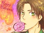  1boy blush brown_hair candy carlos_oliveira copyright_name food green_eyes halloween happy_halloween heart jack-o'-lantern_print mad_packer male_focus portrait resident_evil resident_evil_3 star tongue tongue_out 