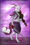  armor blood bow canine caprine captainzepto clothing demon fur goat grin horn hybrid male mammal melee_weapon music musical_instrument musical_note pauldron pose purple_fur red_eyes skirt smile solo sword violin weapon white_fur wolf 