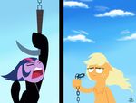  2017 angry applejack_(mlp) ashi_(samurai_jack) clothing crossover daughters_of_aku equine eyes_closed female feralroku friendship_is_magic hanging_(disambiguation) horse kusarigama mammal my_little_pony parody pony samurai_jack samurai_jack_(character) split_screen twilight_sparkle_(mlp) weapon yelling 