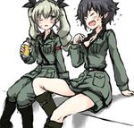  anchovy anzio_military_uniform black_footwear black_hair boots bottle breasts cleavage closed_eyes commentary drill_hair drink girls_und_panzer green_hair hair_ribbon highres holding jacket knee_boots medium_breasts military military_uniform multiple_girls one_eye_closed open_mouth pepperoni_(girls_und_panzer) ribbon short_hair sweat twintails uniform wabiushi 