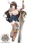  blue_eyes brave_girl_ravens breasts brown_hair capelet cleavage copyright_name dress elbow_gloves f-cla full_body gloves highres horns huge_weapon large_breasts long_hair looking_at_viewer miruru_dize short_dress smile solo sword thighhighs weapon white_background 