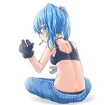  ass black_gloves black_panties blue_eyes blue_hair breasts butt_crack cigarette crossed_legs gloves hair_bobbles hair_ornament indian_style kanichiri kawashiro_nitori looking_at_viewer looking_back outstretched_arm panties pants pantyshot pantyshot_(sitting) profile reaching_out short_hair simple_background sitting small_breasts smoking solo sports_bra touhou twintails underwear white_background wrench 