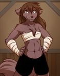  abs anthro breasts brown_fur brown_hair canine chest_tuft chest_wraps clothing edit female fur hair heterochromia keidran looking_at_viewer mammal muscular natani shorts smug tom_fischbach tuft twokinds wolf wraps 