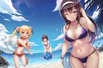  ;q ball bangs barefoot beach beachball bikini black_hair blonde_hair blue_eyes breasts brown_eyes brown_hair cleavage cloud day fang fisheye flat_chest front-tie_top furrowed_eyebrows hairband highres innertube kasumigaoka_utaha katou_megumi l.bou large_breasts lens_flare long_hair md5_mismatch multi-strapped_bikini multiple_girls navel ocean one_eye_closed open_mouth outdoors purple_bikini red_bikini red_eyes rock saenai_heroine_no_sodatekata sawamura_spencer_eriri short_hair side-tie_bikini sky standing standing_on_one_leg striped striped_bikini swimsuit thigh_gap tongue tongue_out twintails wading water wavy_mouth wet white_hairband 