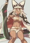  bandeau blonde_hair brown_eyes cape dark_skin foreshortening guilty_gear guilty_gear_xrd hat hiraga_matsuri jacket_on_shoulders midriff navel outstretched_arm planted_sword planted_weapon pointing pointing_at_viewer ramlethal_valentine sitting sketch sword weapon white_hair 