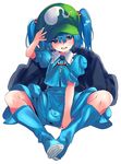  absurdres blue_eyes blue_footwear blue_hair blue_skirt blush boots full_body green_hat hair_bobbles hair_ornament hat highres kawashiro_nitori knee_boots looking_at_viewer pocket short_sleeves simple_background sitting skirt smile solo touhou two_side_up white_background zuwatake 