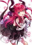  :d blush dragon_horns dragon_tail dress elizabeth_bathory_(fate) elizabeth_bathory_(fate)_(all) fangs fate/extra fate_(series) horns long_hair looking_at_viewer microphone open_mouth pointy_ears purple_hair simple_background smile solo tail white_background yuzuki_karu 