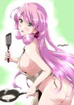  akashi_(kantai_collection) apron ass blush breasts covered_nipples eyebrows_visible_through_hair eyes_visible_through_hair fried_egg frying_pan green_eyes hair_ribbon kantai_collection large_breasts long_hair mikage_takashi naked_apron no_bra no_panties pink_hair ribbon smile solo spatula very_long_hair 