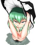  :q artist_name belly black_legwear blue_eyes breasts commentary cosplay foreshortening frog from_above full_body green_hair hair_between_eyes hair_ornament half-closed_eyes hands_on_headwear hands_on_own_head hands_up hat hat_ornament highres itsukarine kirisame_marisa kirisame_marisa_(cosplay) kneehighs kochiya_sanae long_hair looking_at_viewer looking_up medium_breasts naughty_face navel nude smile snake snake_hair_ornament solo standing stomach tongue tongue_out touhou transparent_background v-shaped_eyebrows witch_hat 