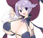  bad_id bad_pixiv_id bare_shoulders bikini bikini_warriors black_bikini blush breasts cape cleavage detached_sleeves hat hiropon_(hiroto21111) large_breasts lavender_hair mage_(bikini_warriors) open_mouth purple_eyes ribbon short_hair solo swimsuit underboob 