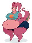  2017 2_toes alpha_channel angela anthro belly big_belly big_breasts big_butt breasts butt clothed clothing denim_shorts dragon eyewear female glasses goodra midriff muffin_top navel nintendo nipple_bulge overweight overweight_female pok&eacute;mon ridiculouscake shirt shorts simple_background smile solo standing thick_thighs toes transparent_background video_games wide_hips 