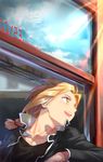  blonde_hair braid collarbone dated edward_elric fullmetal_alchemist hair_tie holy_pumpkin male_focus open_mouth reflection single_braid smile solo sunlight twitter_username upper_body window yellow_eyes 