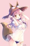  animal_ears bangs bikini blue_bikini blush bracelet breasts cleavage ears_through_headwear fate/extra fate/grand_order fate_(series) fox_ears fox_tail hat highres jewelry large_breasts long_hair looking_at_viewer navel open_mouth pink_background pink_hair see-through shirt side-tie_bikini simple_background smile solo sousouman straw_hat sun_hat swimsuit t-shirt tail tamamo_(fate)_(all) tamamo_no_mae_(fate) tamamo_no_mae_(swimsuit_lancer)_(fate) wet wet_clothes wet_shirt wet_t-shirt yellow_eyes 