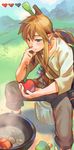  apple blonde_hair blue_eyes cooking day earrings eyebrows food fruit gameplay_mechanics health_bar highres jewelry link male_focus outdoors over_shoulder pointy_ears pot sidelocks sitting solo the_legend_of_zelda the_legend_of_zelda:_breath_of_the_wild thinking uzucake weapon weapon_over_shoulder 