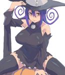  bare_shoulders black_legwear blair breasts brown_eyes curly_hair detached_sleeves hat highres large_breasts light_smile long_hair minakami_(flyingman555) parted_lips purple_hair simple_background solo soul_eater spread_legs thighhighs thighs white_background witch_hat 