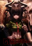  abs animal animal_ears aurochs aurochs_(kemono_friends) brown_hair camouflage commentary hand_on_hip holding holding_weapon horns kemono_friends lain long_sleeves midriff navel necktie serious shirt short_hair short_sleeves skull toned weapon 