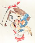  ;d bare_shoulders blue_eyes brown_hair gen_3_pokemon hairband happy haruka_(pokemon) highres hug looking_at_another mudkip nonobuki one_eye_closed open_mouth pokemon pokemon_(creature) pokemon_(game) pokemon_oras short_hair sketch smile tank_top upper_body 