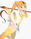  akinashi_yuu animal_ears ass bare_shoulders blonde_hair bracelet breasts circlet commentary_request gloves golden_snub-nosed_monkey_(kemono_friends) high_ponytail holding holding_staff jewelry kemono_friends leotard long_hair monkey_ears monkey_tail orange_hair ponytail skirt small_breasts solo staff tail thighhighs weapon yellow_leotard 
