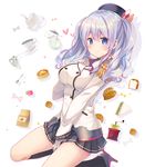  beret blue_eyes bread breasts commentary_request covering covering_crotch cream creamer_(vessel) croissant cup epaulettes food hand_on_own_chest hat kantai_collection kashima_(kantai_collection) large_breasts long_hair looking_at_viewer macaron military military_uniform miniskirt pancake pleated_skirt sandwich silver_hair skirt smile solo spoon takei_ooki teacup teapot tsurime twintails uniform waffle wavy_hair 