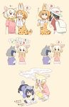  5koma :&gt; :d =3 absurdres all_fours animal_ears animal_print apple backpack bag bare_shoulders black_eyes black_gloves black_hair blonde_hair blue_hair blue_shirt blush bow bowtie broccoli brown_eyes buttons carrot character_name check_translation cherry clenched_hand comic commentary common_raccoon_(kemono_friends) cropped_torso cross-laced_clothes cucumber d: dot_nose drawing eggplant elbow_gloves extra_ears eye_contact eyebrows_visible_through_hair fang fennec_(kemono_friends) flying_sweatdrops food fox_ears fox_tail from_behind from_side fruit full_body fur-trimmed_gloves fur_trim gloves grey_hair hands_on_hips hat hat_feather helmet high-waist_skirt highres holding holding_pencil japari_bun jitome kaban_(kemono_friends) kasa_list kemono_friends loafers looking_at_another looking_down meat motion_lines multicolored_hair multiple_girls mushroom neck_ribbon nodding nose_blush ok_sign onomatopoeia open_mouth orange_eyes orange_hair pantyhose pencil pink_background pink_sweater pith_helmet pleated_skirt pocket print_bow print_gloves print_neckwear print_skirt puffy_short_sleeves puffy_sleeves raccoon_ears raccoon_tail red_shirt ribbon serval_(kemono_friends) serval_ears serval_print serval_tail shirt shoes short_hair short_sleeve_sweater short_sleeves shorts simple_background skirt sleeveless sleeveless_shirt smile speech_bubble squatting striped_tail sweat sweater tail tareme thighhighs translation_request tsurime upper_body v-shaped_eyebrows watermelon whispering white_footwear white_gloves white_hair white_hat white_legwear white_shirt white_shorts white_skirt yellow_gloves yellow_legwear yellow_ribbon zettai_ryouiki 