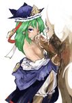 1boy 1girl caressing_testicles clothes_down cum cum_in_mouth flat_chest green_hair hat long_hair looking_at_viewer male_pubic_hair one_eye_closed pubic_hair shiki_eiki simple_background solo_focus testicles toritoma_(sweetandsour) touhou white_background 