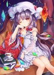  book chemise chin_rest couch crescent crescent_hair_ornament cup detached_sleeves dress hair_ornament hat indoors kedama_milk long_hair nightgown one_eye_closed patchouli_knowledge purple_hair red_eyes sitting solo spoon strap_slip striped striped_dress teacup touhou 