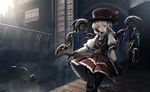  belt black_gloves blonde_hair blouse building closed_mouth day flandre_scarlet fog gears gloves hat highres mecha outdoors pantyhose puffy_short_sleeves puffy_sleeves red_eyes red_skirt revision ryosios short_hair short_sleeves skirt smile solo steam steampunk top_hat touhou vest victorian white_blouse wings 