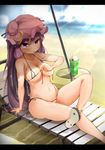  absurdres arm_support bare_legs beach bendy_straw bikini blurry breasts chair cleavage collarbone day depth_of_field drink drinking_straw eyebrows_visible_through_hair flanvia folded_leg food front-tie_bikini front-tie_top hat highres ice_cream ice_cream_float leg_up long_hair looking_at_viewer lounge_chair medium_breasts melon_soda micro_bikini mouth_hold navel outdoors patchouli_knowledge purple_eyes purple_hair sandals shoe_soles side-tie_bikini skindentation solo strap_gap sunlight swimsuit touhou untied untied_bikini very_long_hair 