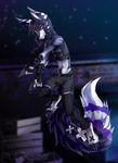  5_fingers anthro black_nose blue_fur blue_hair digitigrade fur gun hair holding_object holding_weapon looking_at_viewer male night outside pink_eyes punxsimon ranged_weapon sky solo star starry_sky weapon 