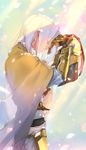  arslan arslan_senki black_gloves cape closed_eyes cowboy_shot from_side gloves helmet holding holding_helmet holy_pumpkin light male_focus petals solo vambraces white_hair 