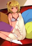  bare_legs barefoot blonde_hair bow bow_bra bra breasts collarbone eyebrows_visible_through_hair feet flan_(seeyouflan) flandre_scarlet hair_ribbon highres long_toenails looking_at_viewer panties pillow pov_feet red_eyes red_ribbon ribbon single_sock sitting small_breasts smile socks solo toenails toes touhou underwear underwear_only white_bra white_legwear white_panties 