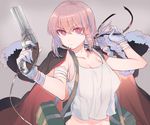  bag bandaged_arm bandages braid breasts bright_pupils cleavage collarbone cow_(shadow) eyes fate/grand_order fate_(series) florence_nightingale_(fate/grand_order) fur_trim glint gloves gun hair_ribbon handgun jacket_on_shoulders large_breasts long_hair midriff pink_eyes pink_hair ribbon shoulder_bag simple_background single_braid solo strap_slip tank_top weapon white_gloves white_pupils 