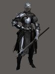  armor full_armor halberd hand_on_hip helmet highres nisetanaka original polearm simple_background solo sword weapon 