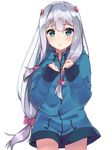  blue_eyes blush bow eromanga_sensei eyebrows_visible_through_hair hair_bow izumi_sagiri jacket long_hair looking_at_viewer parted_lips pink_bow revision ribbon seki_(l0410706268) silver_hair simple_background sleeves_past_wrists solo upper_body white_background 