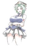  black_skirt blue_vest breast_hold breasts crossed_arms crown green_eyes green_hair kuroba_rapid large_breasts licking_lips looking_down miniskirt naughty_face open_mouth pleated_skirt shiki_eiki shirt short_hair skirt thighs tongue tongue_out touhou vest white_shirt 