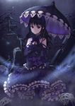  artist_name bad_id bad_pixiv_id black_gloves black_hair bow elbow_gloves gloves grave graveyard highres hwayoung long_hair looking_at_viewer mole mole_under_eye original parasol purple_bow red_eyes skeletal_arm skeleton skull smile striped striped_legwear twitter_username umbrella 