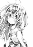  ahoge blush commentary greyscale kantai_collection long_hair long_sleeves looking_at_viewer mikazuki_(kantai_collection) monochrome nagasioo necktie open_mouth sailor_collar school_uniform solo twitter_username upper_body white_background 