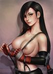  black_hair blush breasts brown_eyes buckle closed_mouth collarbone dated earrings elbow_gloves elbow_pads final_fantasy final_fantasy_vii fingerless_gloves gloves highres jewelry lips long_hair looking_at_viewer low-tied_long_hair low_ponytail medium_breasts navel nipples pink_lips pulled_by_self realistic red_gloves sciamano240 signature sleeveless smile solo stomach straight_hair suspenders suspenders_pull tifa_lockhart topless upper_body very_long_hair watermark web_address 