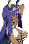  blush bracelet breasts clothes_pull commentary_request dark_skin earrings egyptian egyptian_clothes facial_mark fate/grand_order fate_(series) hairband hand_behind_head hoop_earrings hyouju_issei jewelry long_hair looking_at_viewer medium_breasts nitocris_(fate/grand_order) purple_eyes purple_hair shiny shiny_hair shiny_skin solo underboob very_long_hair 