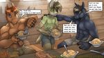  2017 5_fingers abs anthro biceps big_eyes biped black_fur black_nose brown_eyes brown_fur brown_hair brown_mane buck_(catastrophe) bulge cat cel_shading cheek_tuft clothed clothing coal_(catastrophe) comic curious detailed_background dialogue digital_media_(artwork) dishes eating english_text equine eye_through_hair eyebrows facial_markings faf farm feline fire food front_view fur fur_markings fur_tuft gesture group hair hair_over_eye happy hooved_fingers hooves horse humanoid_hands innuendo inside kitchen larger_male light long_hair looking_at_another male mammal mane mane_hair manly markings milo_(catastrophe) multicolored_fur muscular muscular_male navel nipples open_mouth pecs raised_arm rear_view shadow shirt shorts sitting size_difference smaller_male smile snout speech_bubble standing table teeth text text_box thick_eyebrows tight_clothing toes topless translucent_hair tuft two_tone_fur url yellow_topwear 