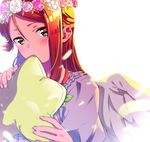  angel_wings bad_id bad_pixiv_id blush covering_mouth dress feathers hair_ornament hairclip head_wreath holding holding_pillow long_hair love_live! love_live!_sunshine!! pillow red_hair sakurauchi_riko simple_background solo star upper_body white_background white_dress wings yellow_eyes yomotsuka_tsukasa 