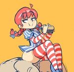  1boy 1girl blue_bow braid clothed_sex cum cum_in_pussy dress eating freckles hair_bow half-closed_eyes hamburger no_panties penis pinstripe_pattern puffy_short_sleeves red_hair reverse_cowgirl sex sitting sketchpaddy smile smug striped striped_dress striped_legwear thighhighs twin_braids twintails vaginal wendy&#039;s wendy_(wendy&#039;s) 