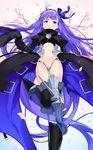  armor blush boots breasts cherry_blossoms crotch_plate fate/extra fate/extra_ccc fate/grand_order fate_(series) hair_ribbon long_hair looking_at_viewer meltlilith nanotaro navel petals purple_eyes purple_hair revealing_clothes ribbon small_breasts solo thighhighs very_long_hair 