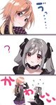  ? blush comic dark_illuminate drill_hair gothic_lolita grey_hair highres idolmaster idolmaster_cinderella_girls kanzaki_ranko lolita_fashion long_hair misumi_(macaroni) multicolored_hair multiple_girls ninomiya_asuka open_mouth orange_hair purple_eyes red_eyes shaded_face simple_background translated twin_drills twintails two-tone_hair white_background 