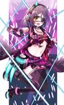  black_hair brown_eyes demon_horns eyepatch fang hayasaka_mirei headband highres horns idolmaster idolmaster_cinderella_girls idolmaster_cinderella_girls_starlight_stage looking_at_viewer microphone midriff misumi_(macaroni) multicolored_hair navel open_mouth purple_hair red_hair short_hair solo thighhighs 